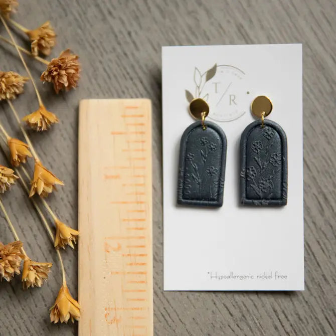 Graphite Navy floral clay earrings