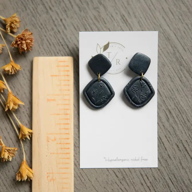 Graphite Navy floral clay earrings