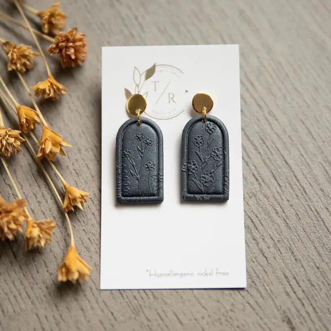 Graphite Navy floral clay earrings