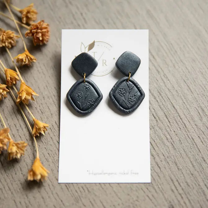 Graphite Navy floral clay earrings