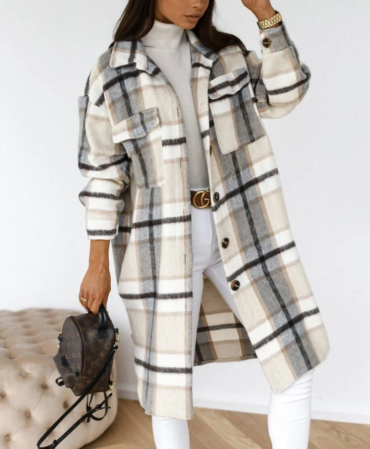 Frayed Long Plaid Lapel Shacket