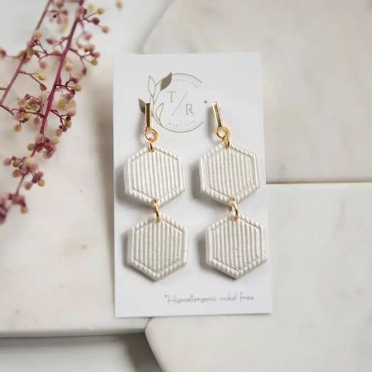 Maeve| White and gold clay dangle earring