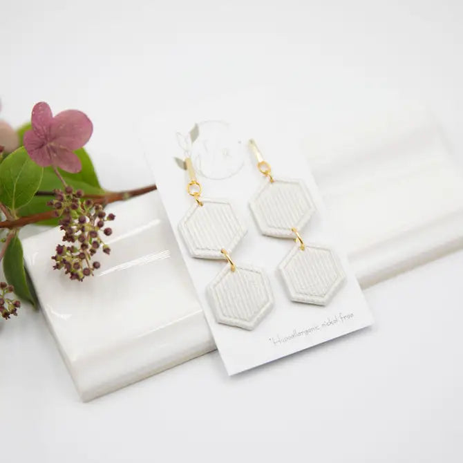 Maeve| White and gold clay dangle earring