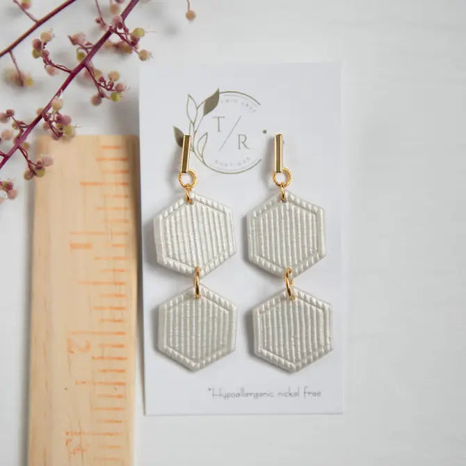 Maeve| White and gold clay dangle earring