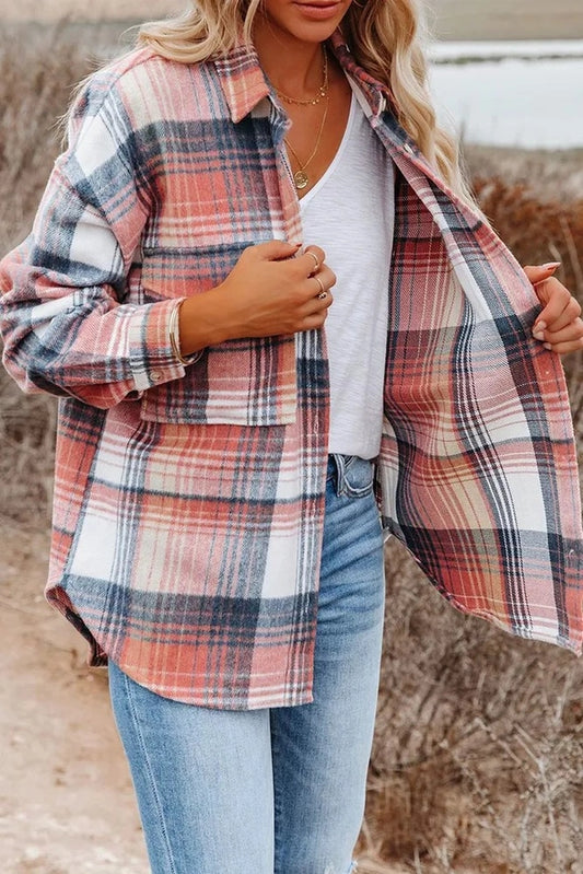 Pink Plaid Shacket Shirt Coat With Pockets