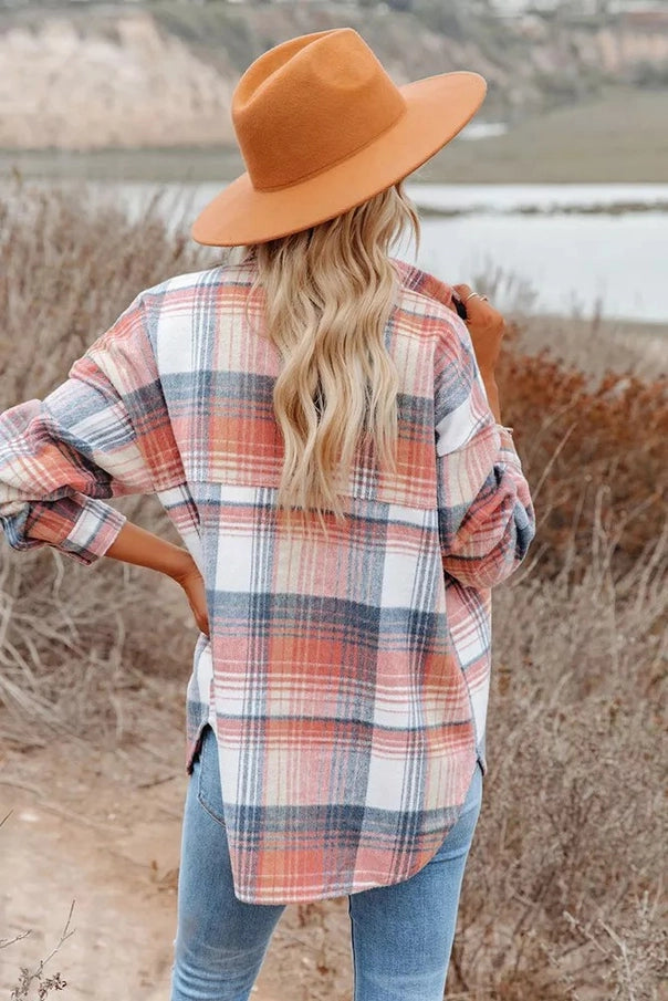 Pink Plaid Shacket Shirt Coat With Pockets