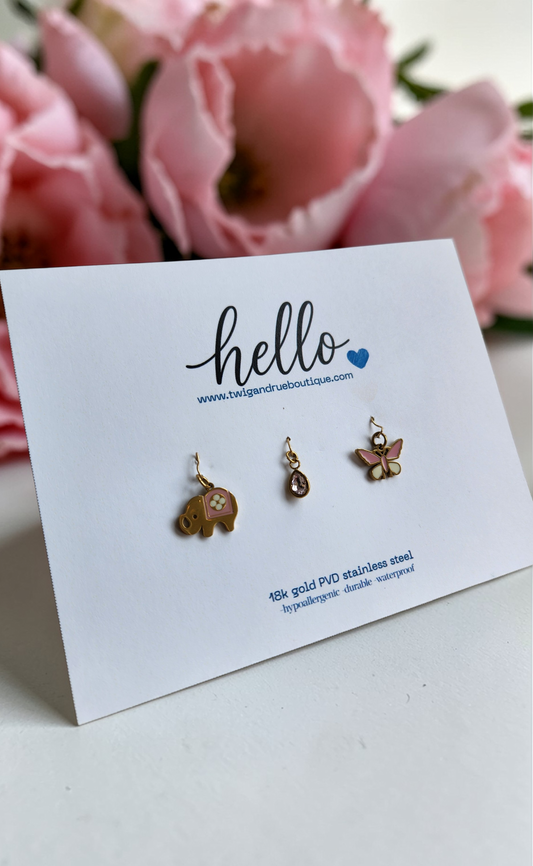 Pink 18k PVD Charm Collection: Butterfly Elephant and Pink Crystal