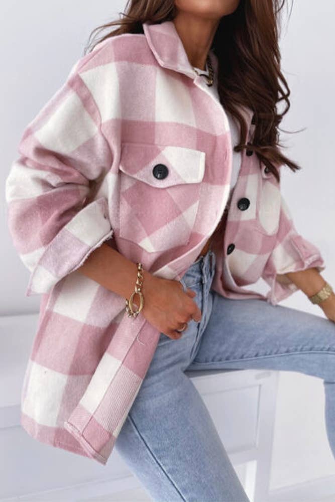 Pink Open button Plaid shacket