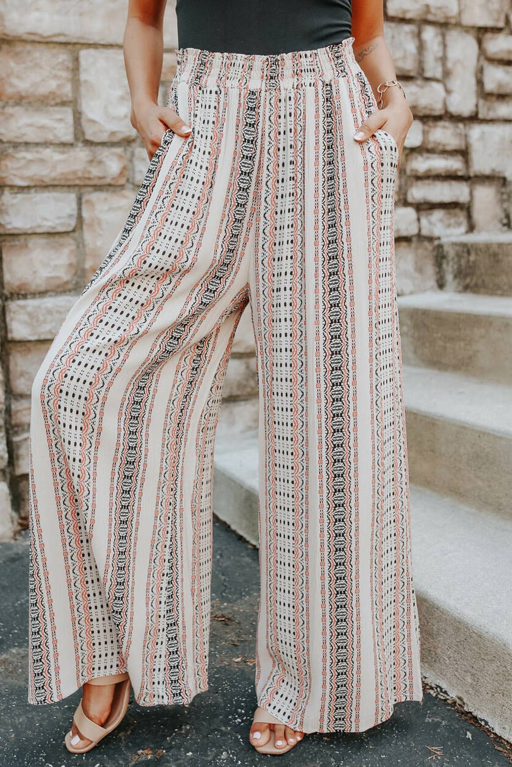 Geometric Shirred Wide Leg Pants