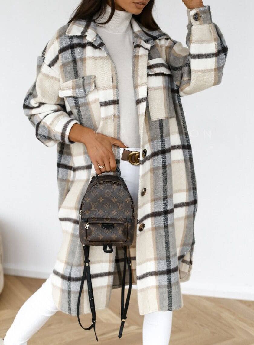 Frayed Long Plaid Lapel Shacket